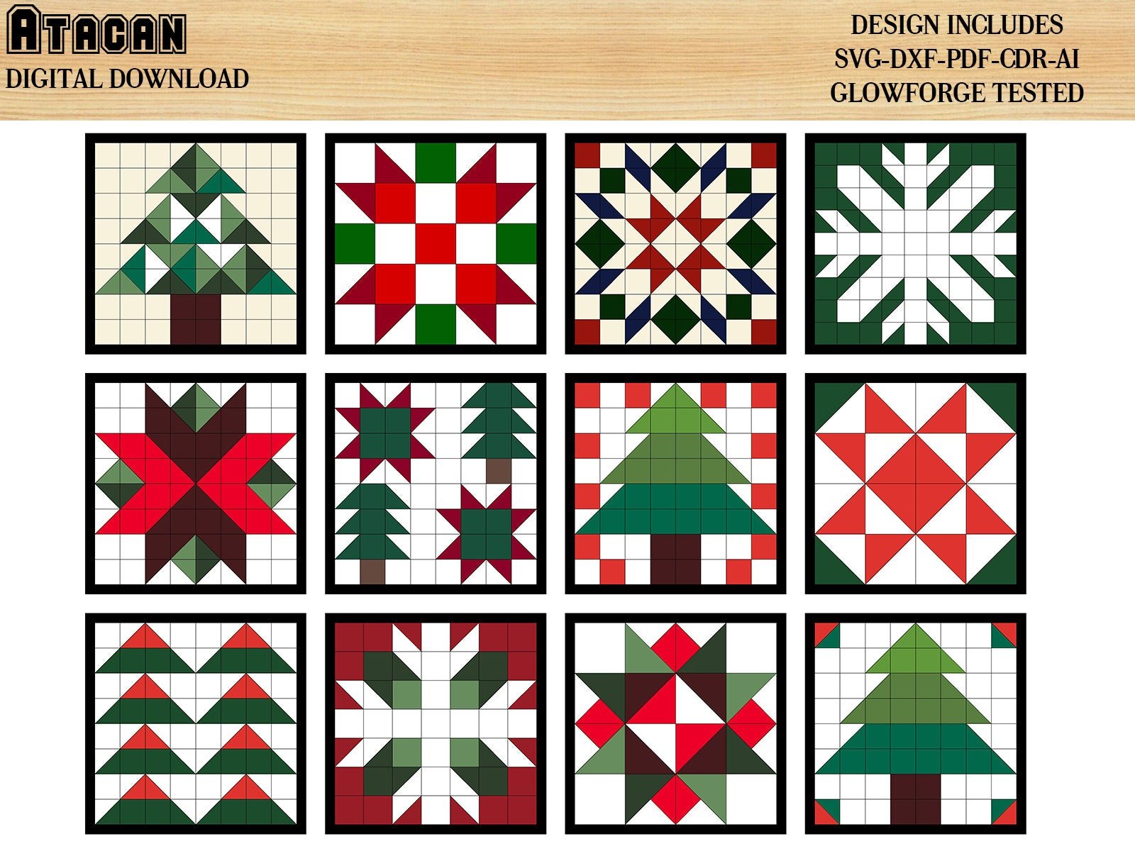 Christmas themed barn quilt complete set / Noel quilt patterns / Laser cut files Bundle