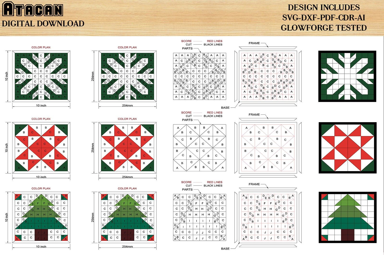 Christmas Tree Barn Quilts / Snowflake Quilt Pattern for Noel / Glowforge Ready files