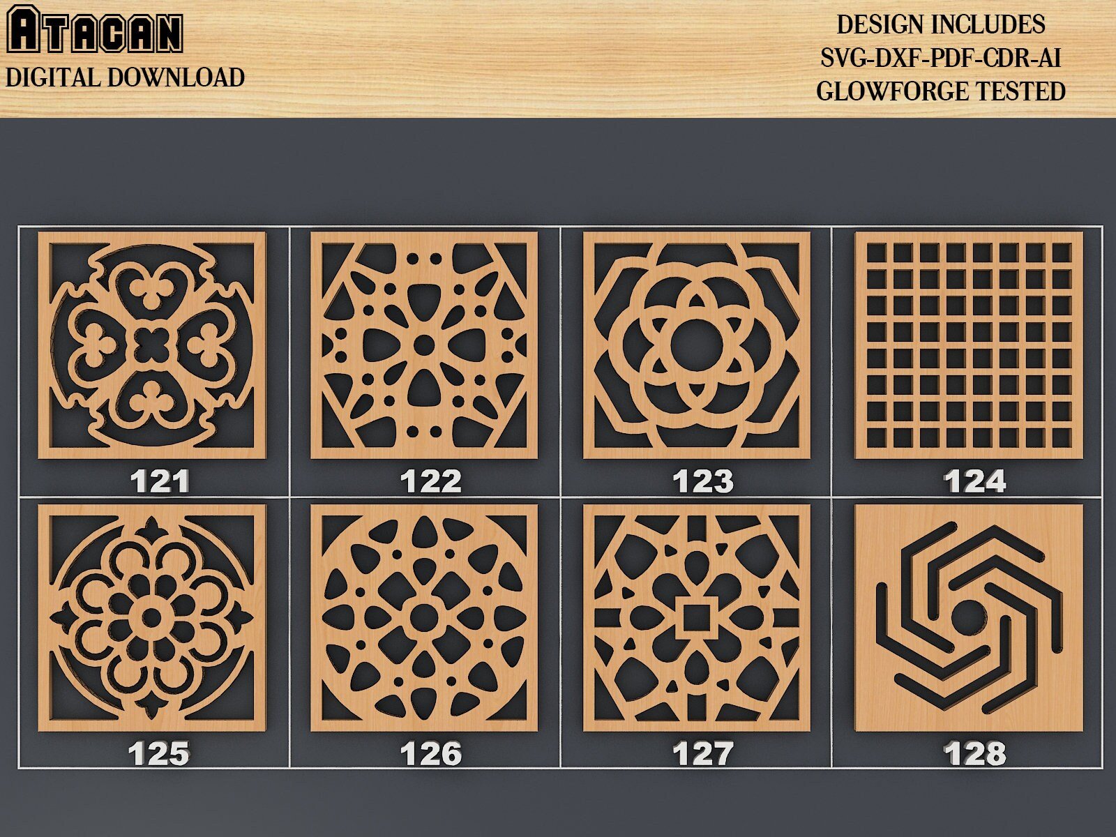 Coaster Bundle / Geometric Laser cutting templates / Digital pattern set / Cnc files decorative panels / Glowforge Coaster Templates 342