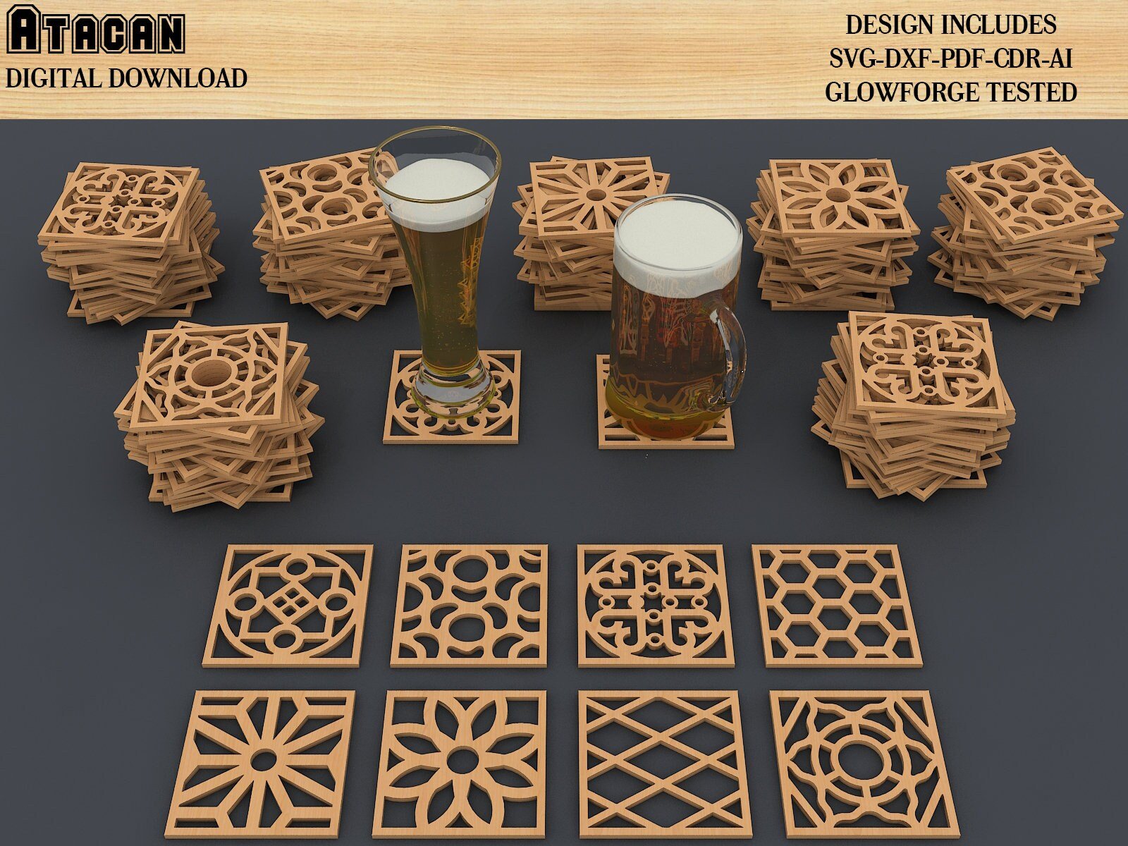 Coaster Bundle / Geometric Laser cutting templates / Digital pattern set / Cnc files decorative panels / Glowforge Coaster Templates 342