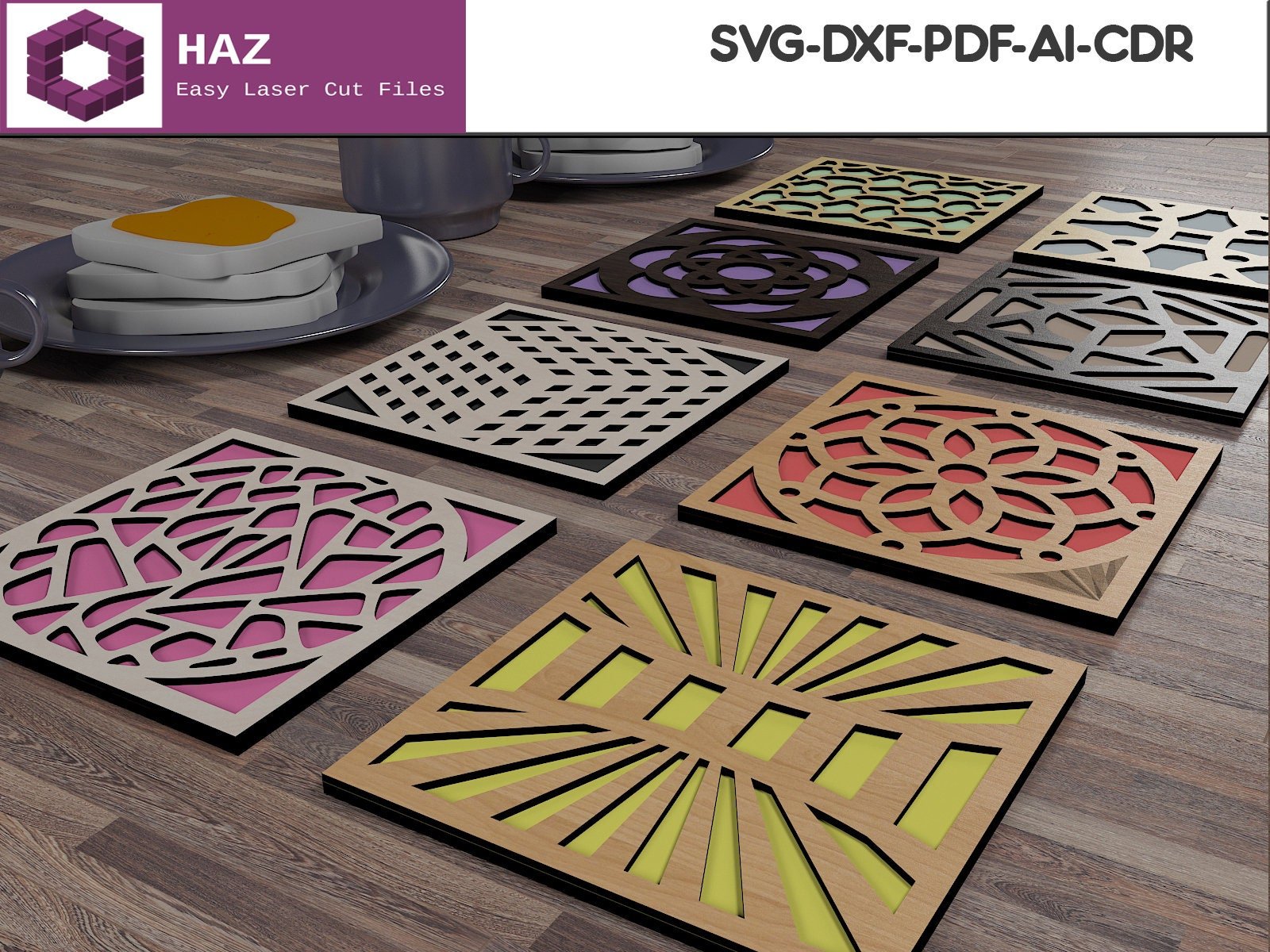 Coaster Grill Trivet Templates / Geometric Coasters 8 Different Patterns / Under Glass Design SVG DXF CDR Ai 057