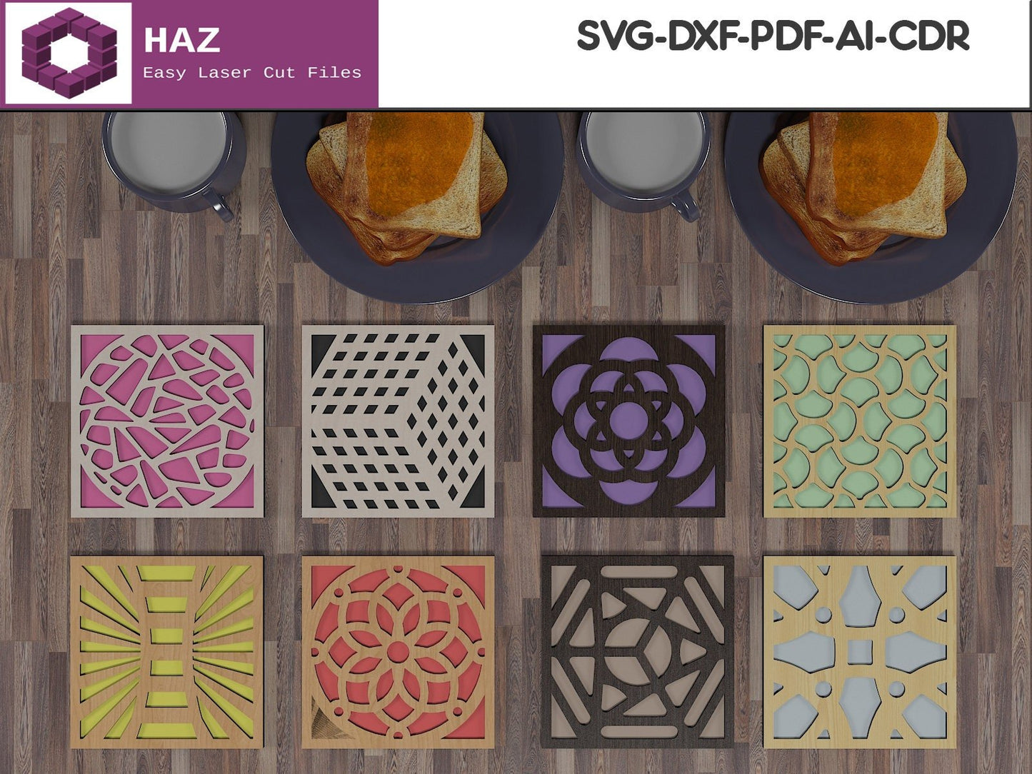 Coaster Grill Trivet Templates / Geometric Coasters 8 Different Patterns / Under Glass Design SVG DXF CDR Ai 057