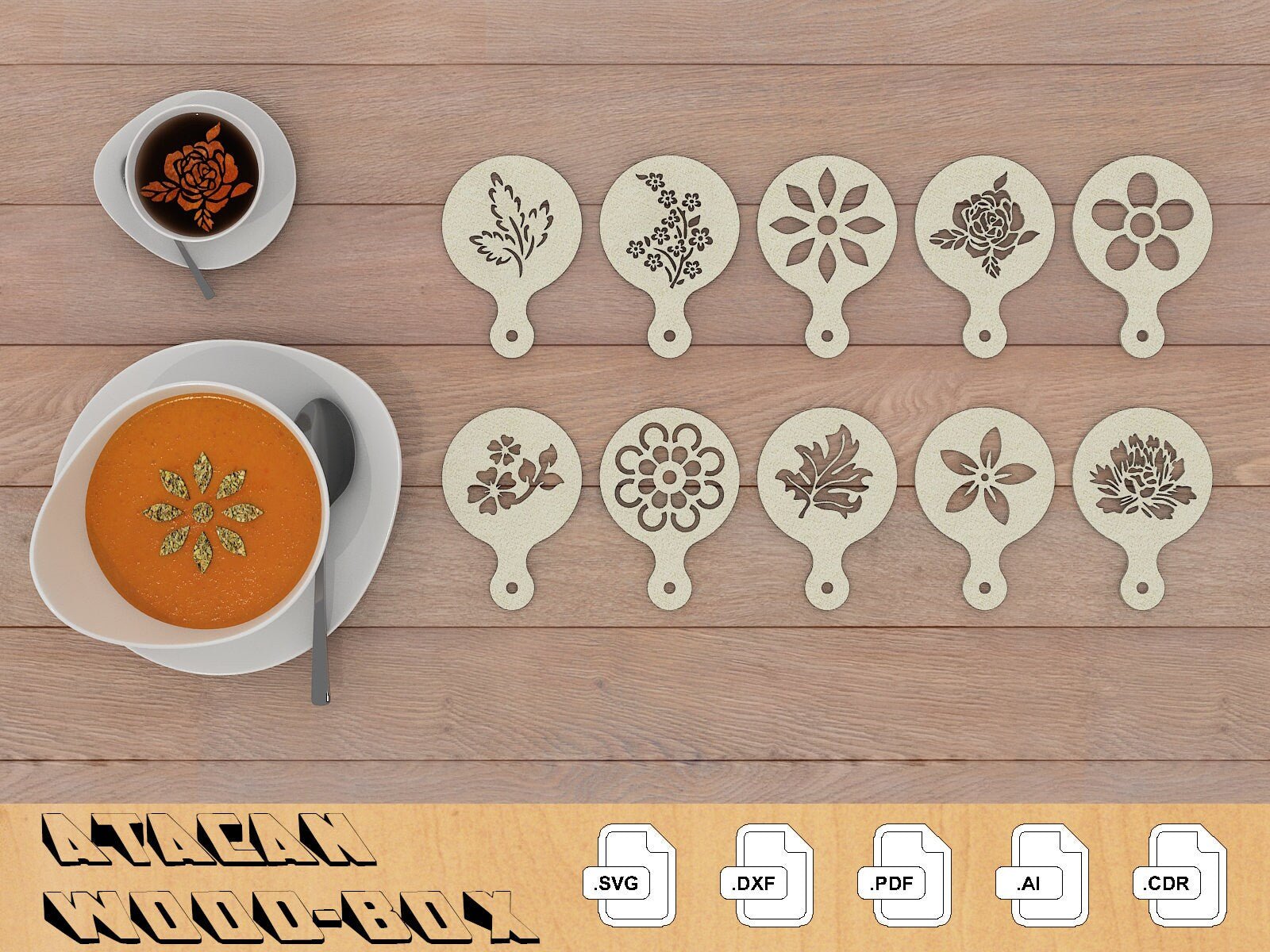 Coffee Stencil Set / Barista Latte Pattern Design / Kitchen art Stencils / Cooking Template laser svg files 254