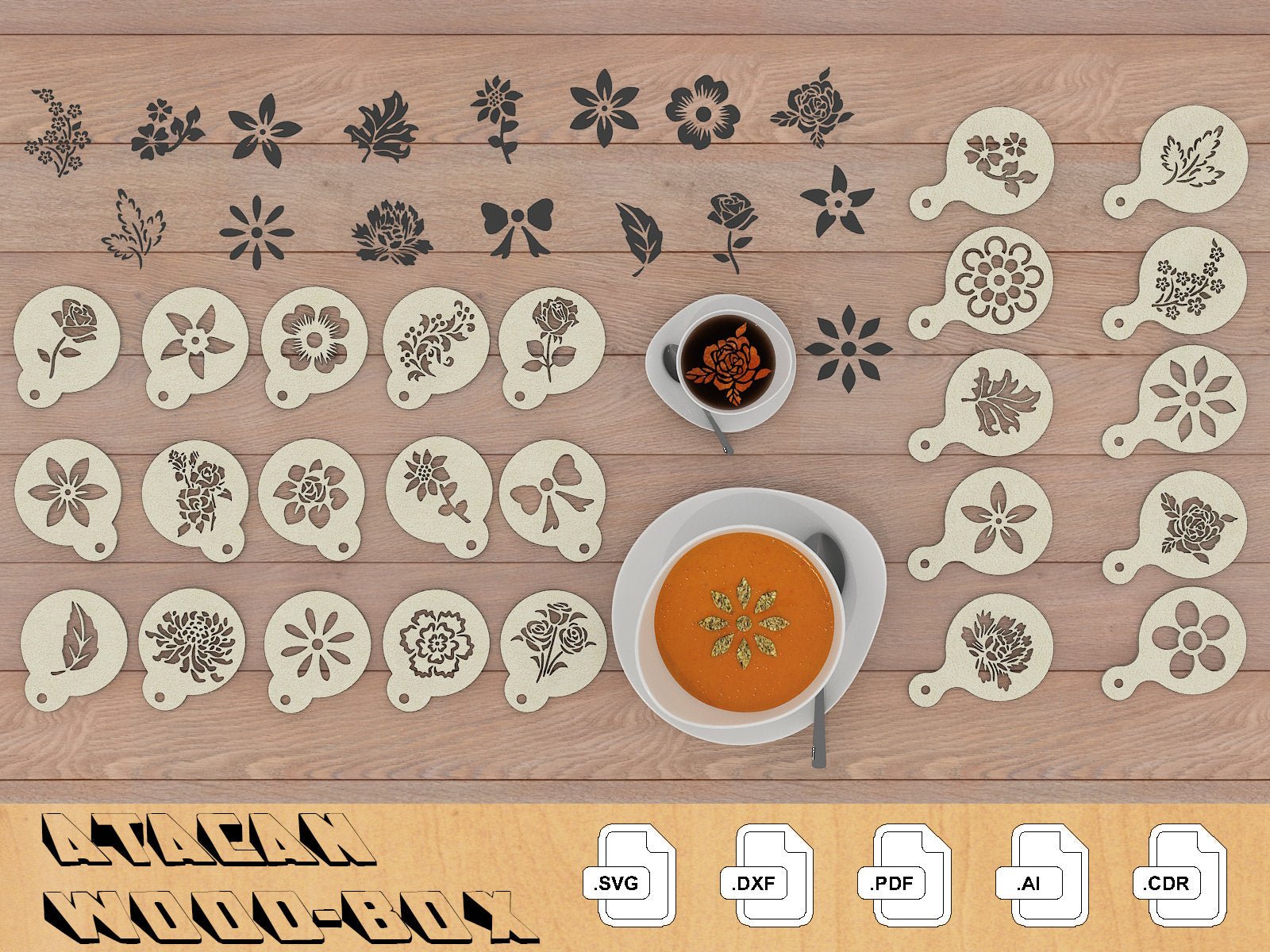 Coffee Stencil Set / Barista Latte Pattern Design / Kitchen art Stencils / Cooking Template laser svg files 254