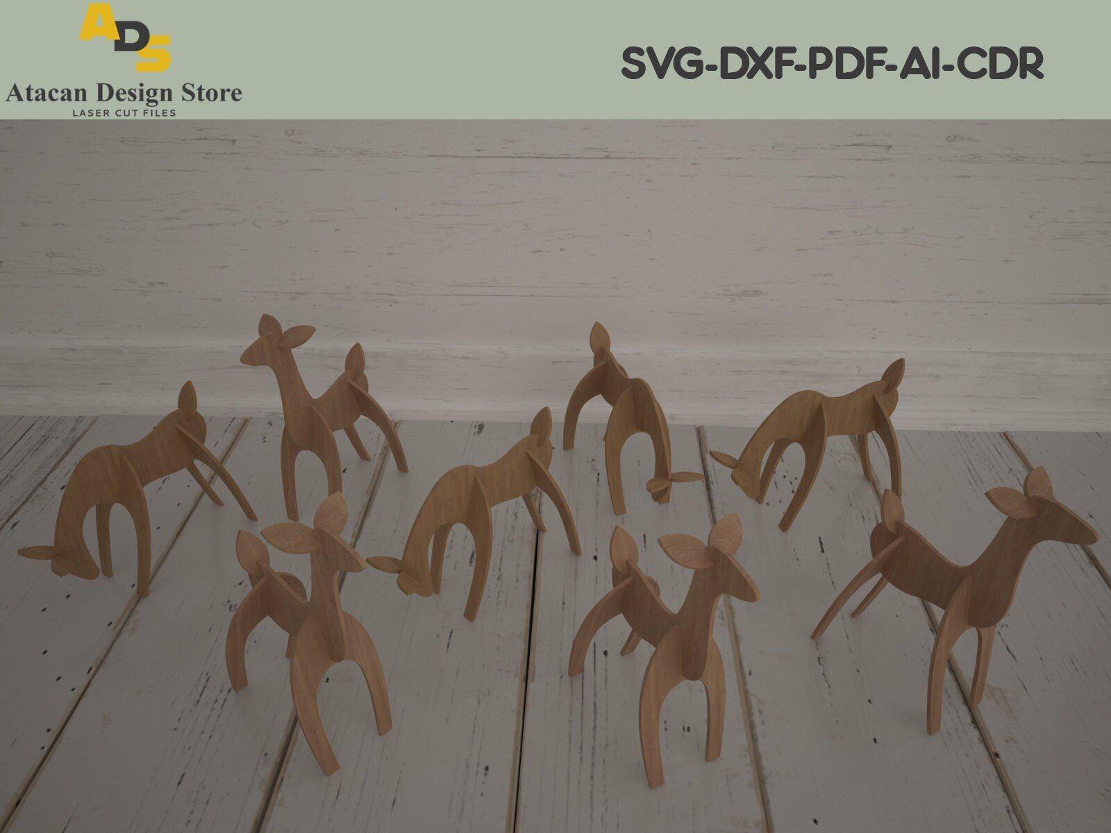 Deers Without Antler / Christmas Decor / Wood Reindeer Digital Vectors ADS201