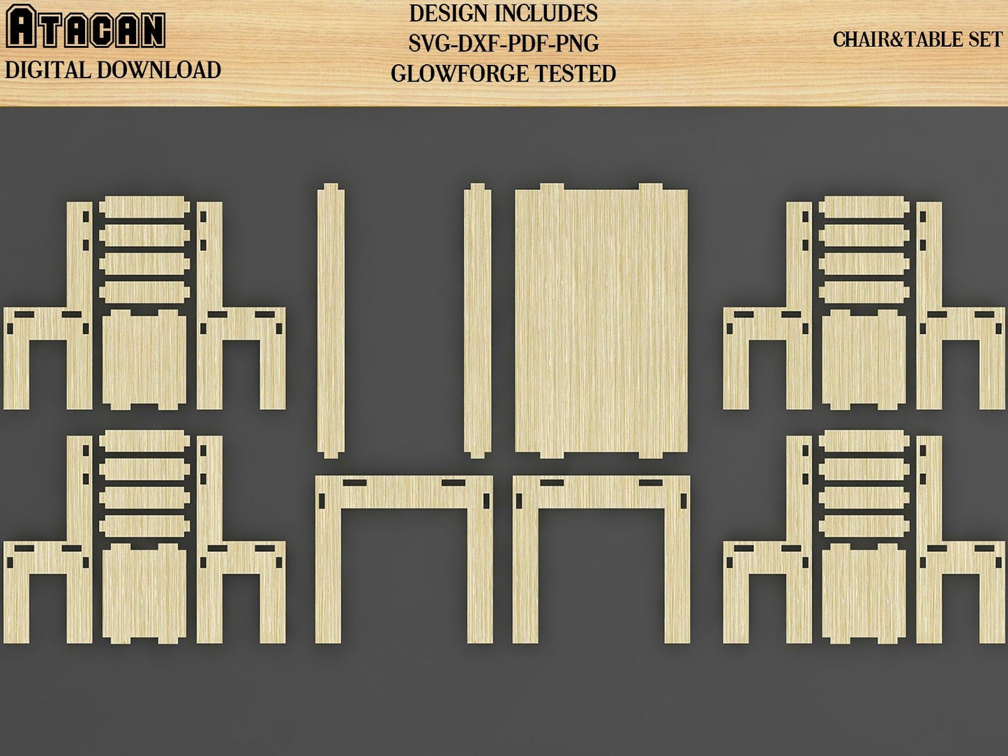 Dining table chair set svg Glowforge cut file, plywood furniture, laser cut template, Digital Vector Files dinner set Download 026