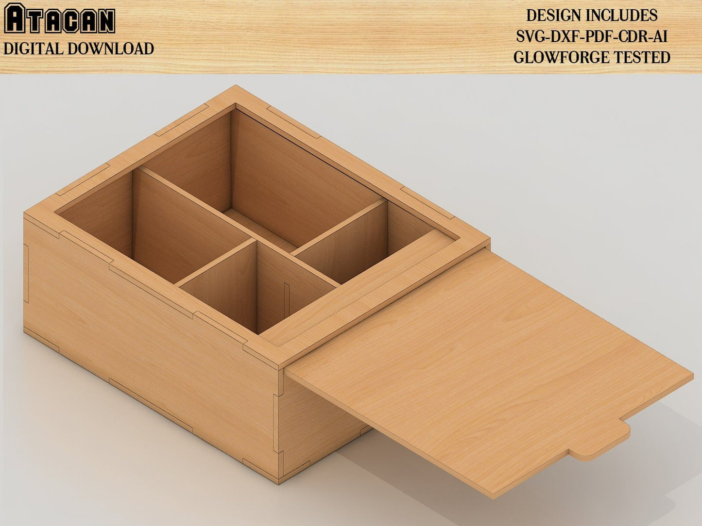 Divided Box With Sliding Door, Laser cut Files SVG DXF, Glowforge laser cut plan 251