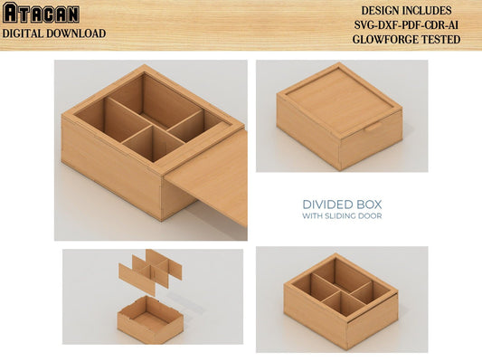 Divided Box With Sliding Door, Laser cut Files SVG DXF, Glowforge laser cut plan 251