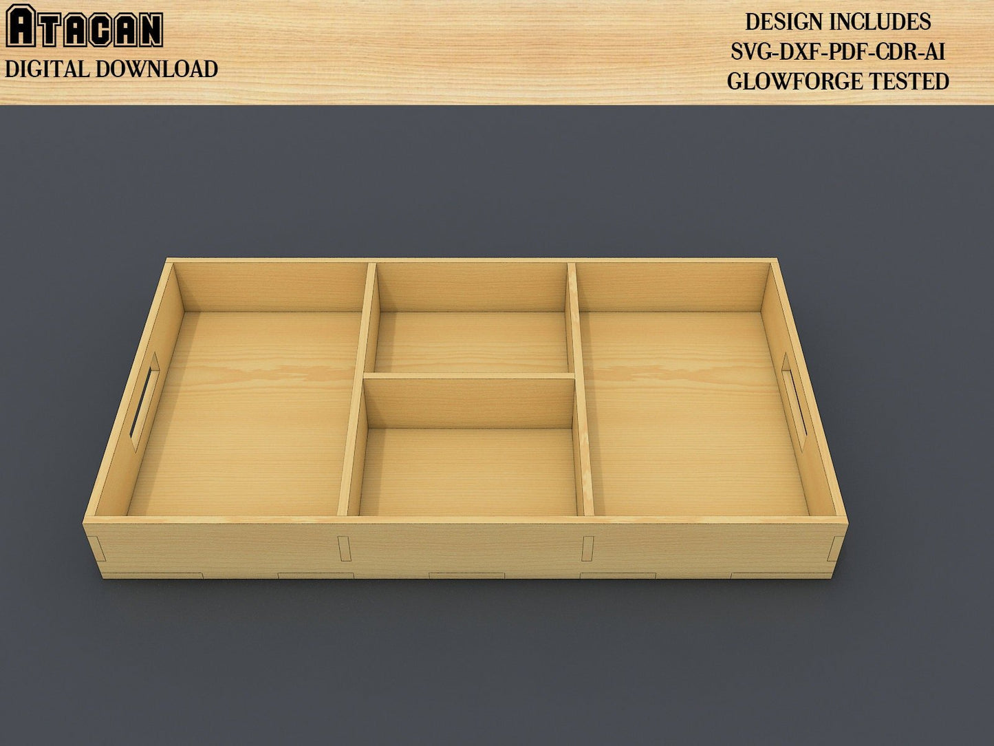 Divided Tray multiple thickness Laser cut files, SVG-DXF-CDR vector plans, Glowforge file 316