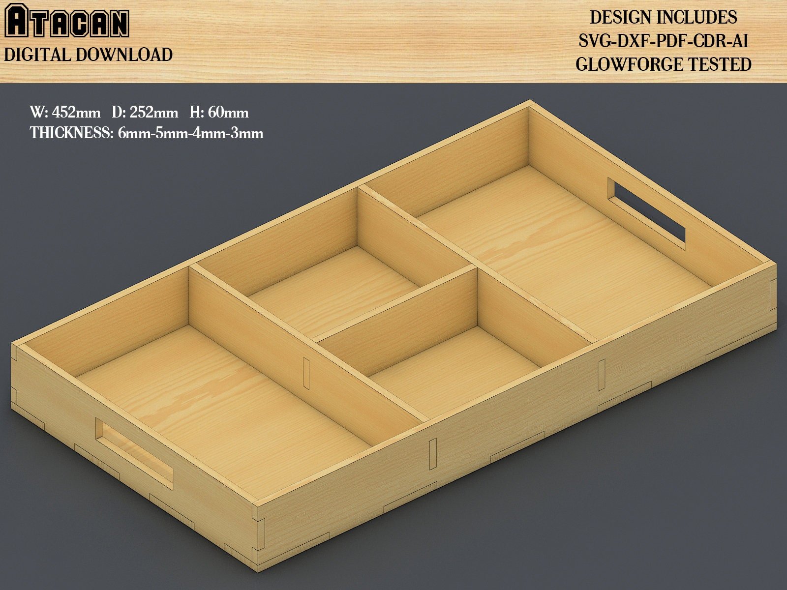 Divided Tray multiple thickness Laser cut files, SVG-DXF-CDR vector plans, Glowforge file 316