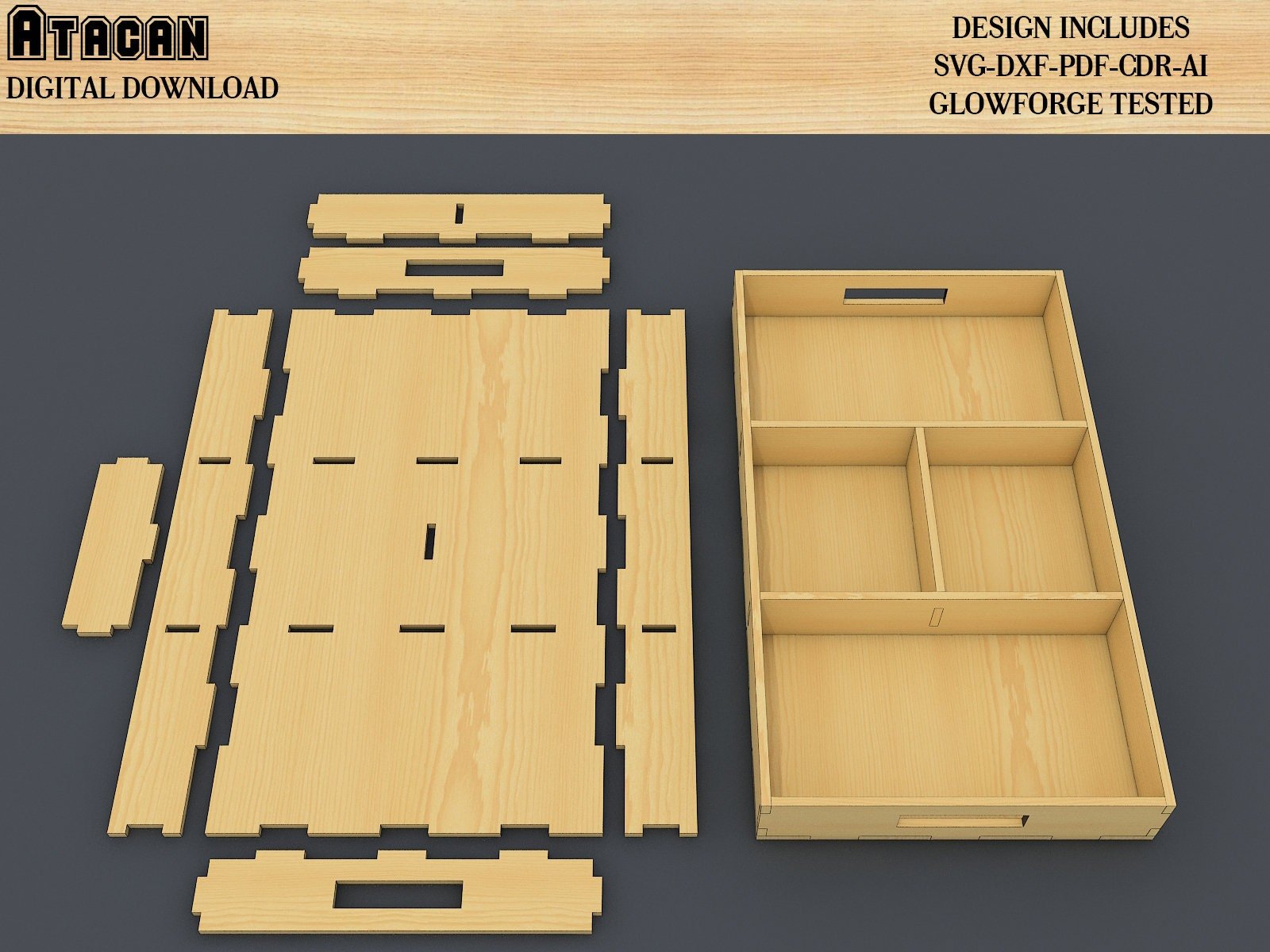 Divided Tray multiple thickness Laser cut files, SVG-DXF-CDR vector plans, Glowforge file 316