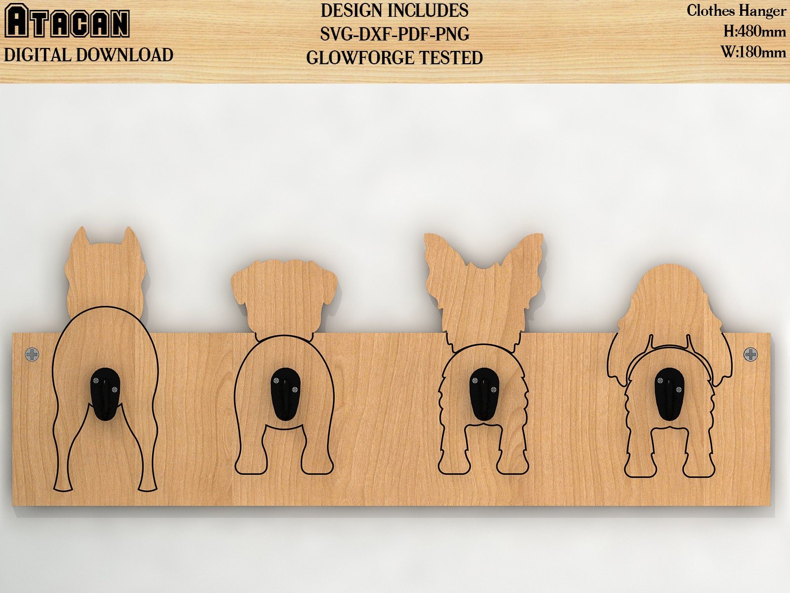 Dogs wooden Coat Rack SVG files / Clothes hanger animals wood forest to hang / Glowforge laser cut file 083