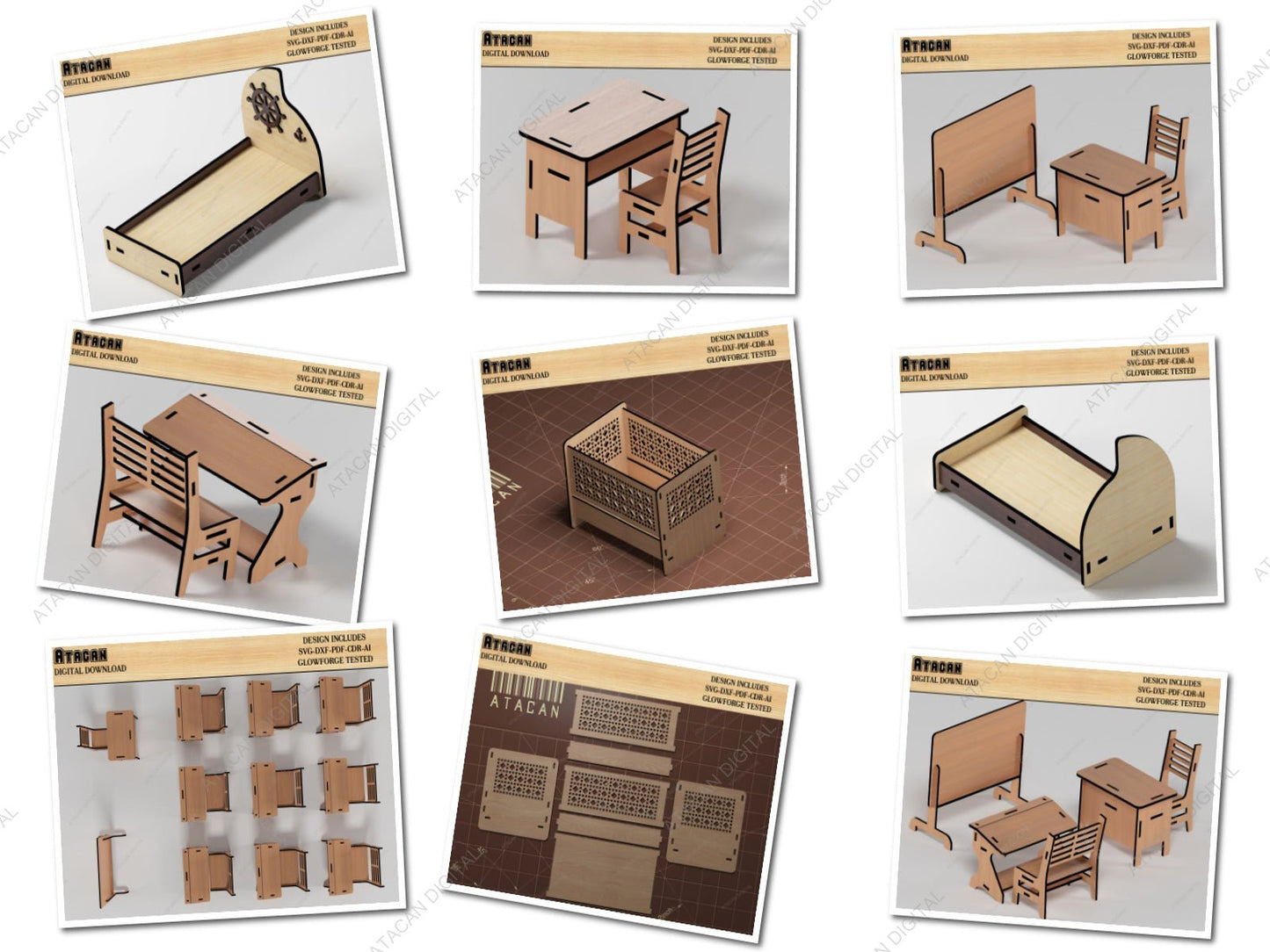 Dollhouse Furniture Bundle / Baby Crib, Kid Bed, School Desk, Writing Board, Student Bench / Wooden Children Furnitures SVG DXF CDR Ai 492