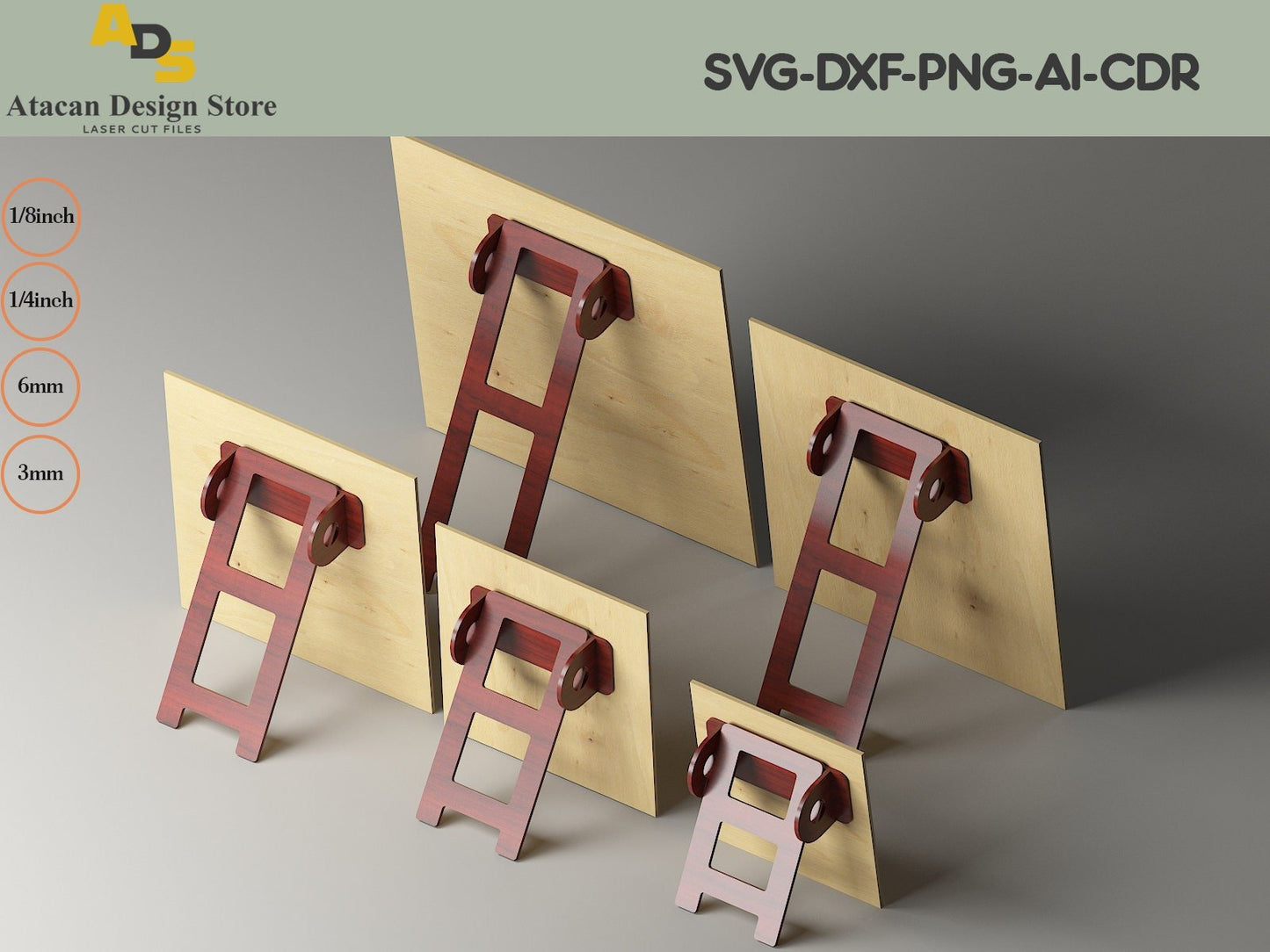 Easel Stand Backs - Photo Frame Stand Backs - Wood Easel Display Stand - 3mm- 6mm - 1/4in and 1/8in - Laser Cut File Glowforge ADS263