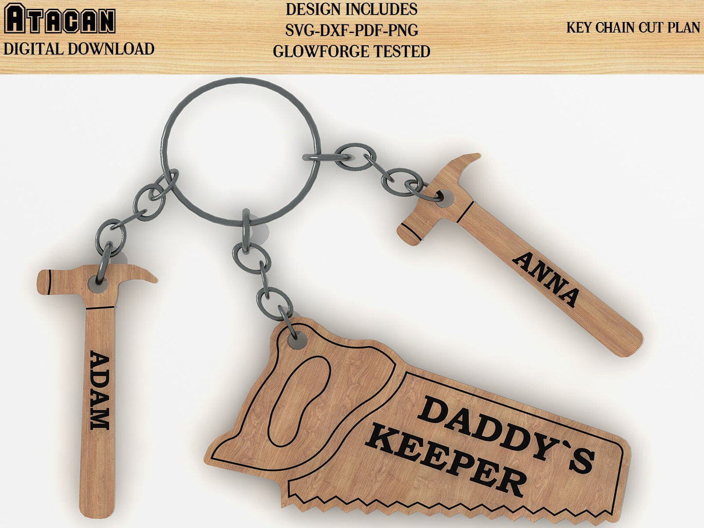 Fathers day Key chain Daddys keeper SAW HAMMER SVG laser cut file for glowforge Mallet best father's day gift keyring cut plan 070