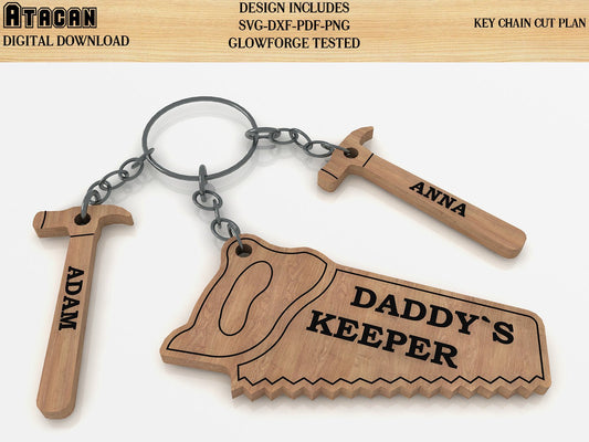 Fathers day Key chain Daddys keeper SAW HAMMER SVG laser cut file for glowforge Mallet best father's day gift keyring cut plan 070