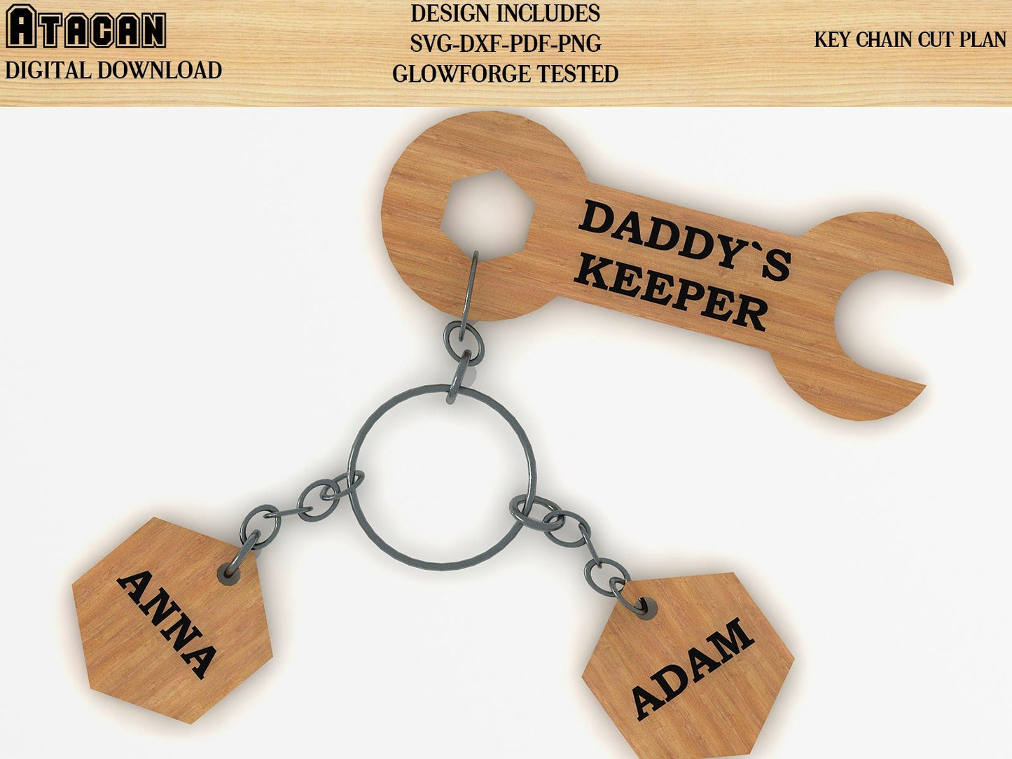 Fathers day Key chain Daddys keeper Screw wrench SVG laser cut file for Glowforge spanner best father's day gift keyring cut plan 068