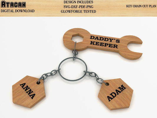 Fathers day Key chain Daddys keeper Screw wrench SVG laser cut file for Glowforge spanner best father's day gift keyring cut plan 068