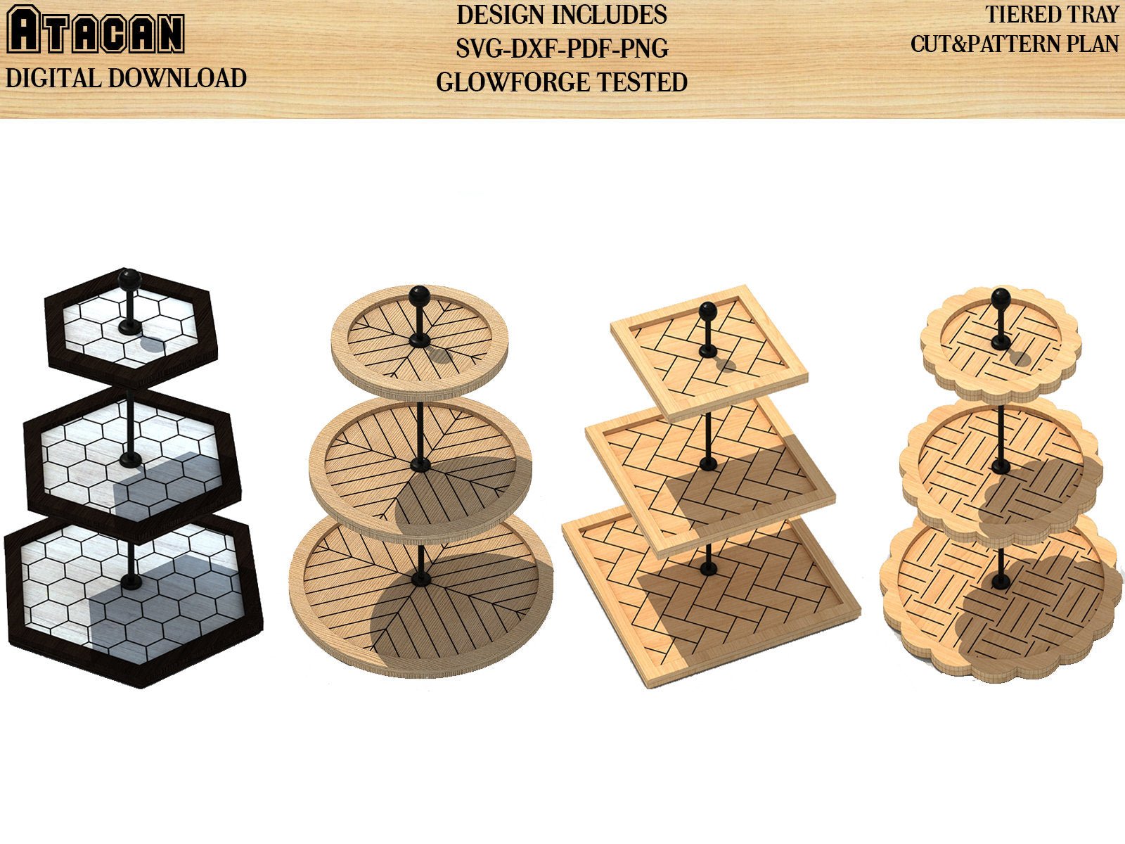 Four Shapes Tiered Tray Bundle / Hexagon Square Circle Flower SVG-DXF File PATTERN included 081