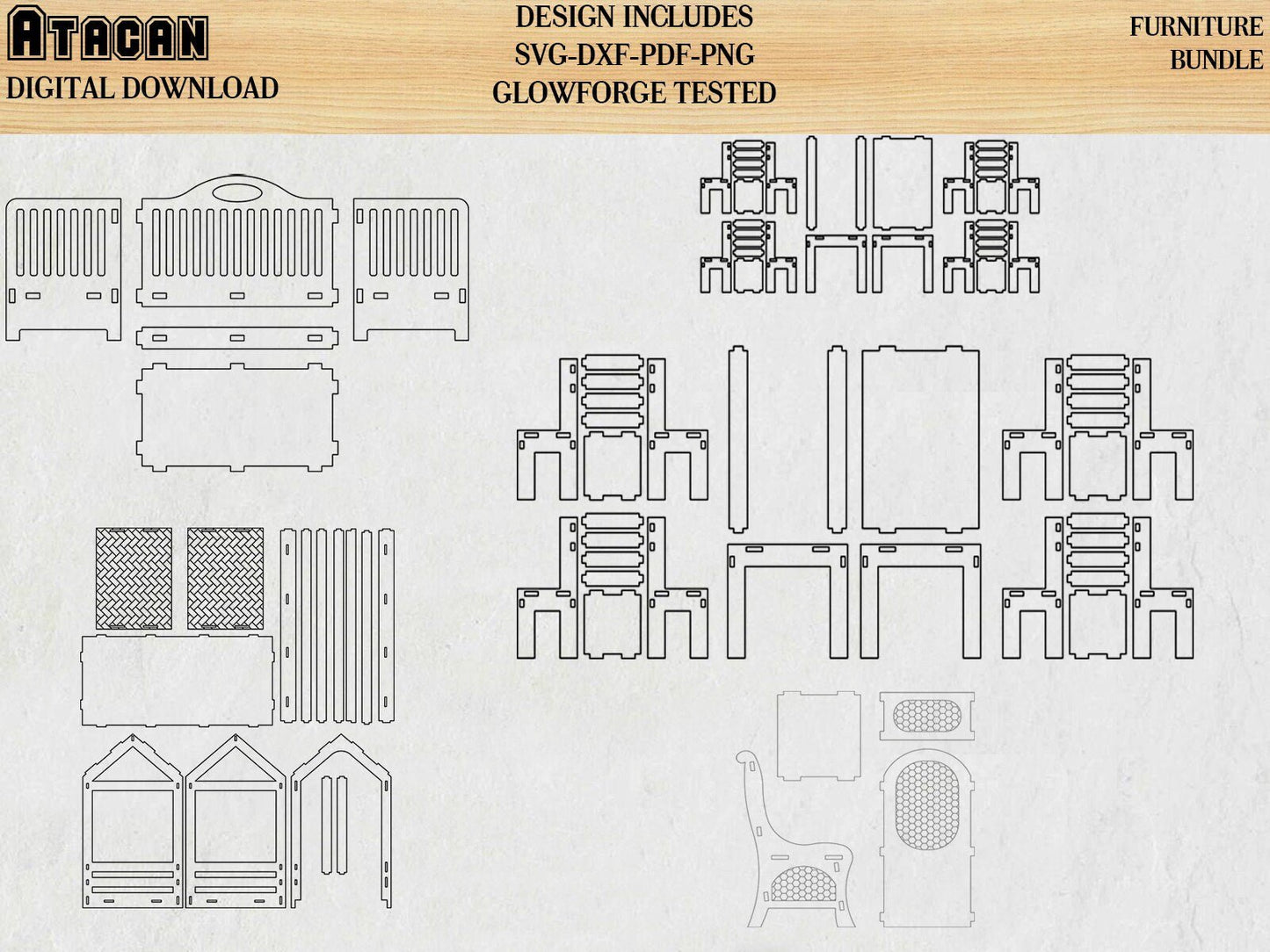 Furniture Bundle SVG cut files / engraved chair, cradle, montessori bed, table and chairs laser cut files 193