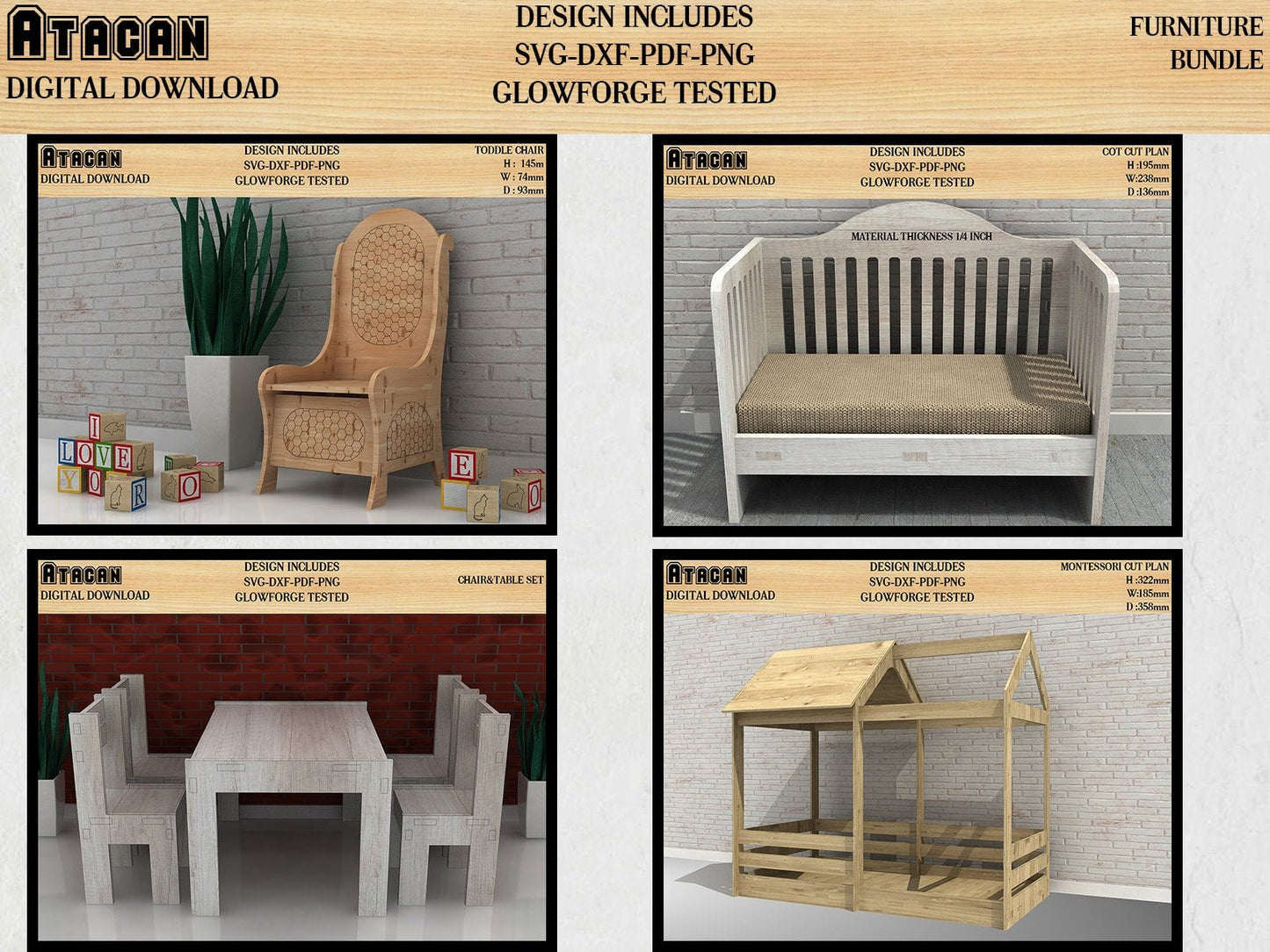 Furniture Bundle SVG cut files / engraved chair, cradle, montessori bed, table and chairs laser cut files 193