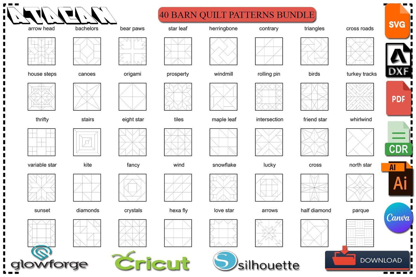 Geometric Quilt Block Patterns / Abstract Art Coloring Pages / Barn Quilt Files / Printable Mosaics SVG DXF Ai CDR 379