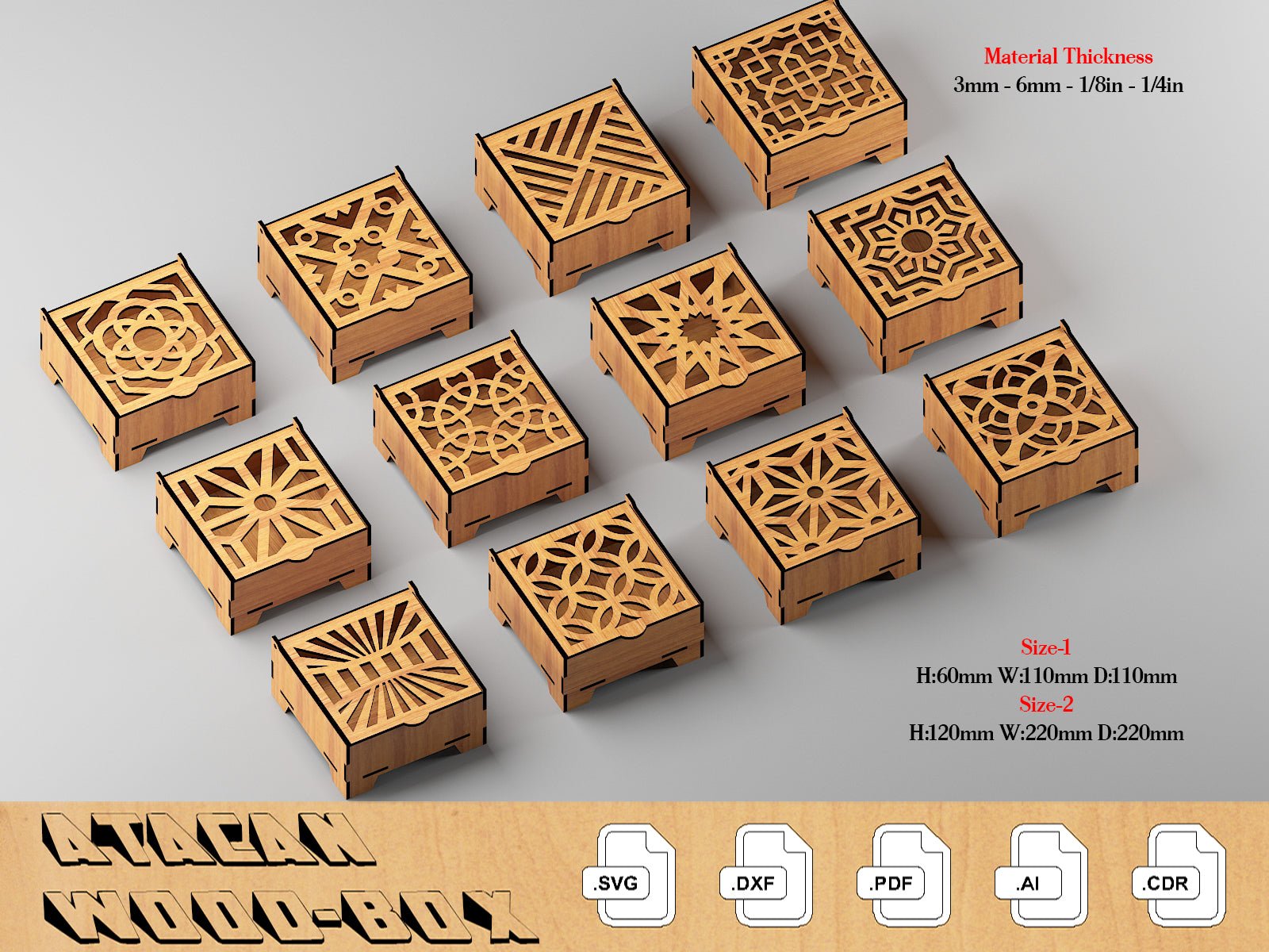 Gift Box Set Laser Cut Files / Coaster Boxes with Flip lid / Jewelry Box Multiple Materials / Storage Organizer Glowforge SVG DXF Ai CDR 378