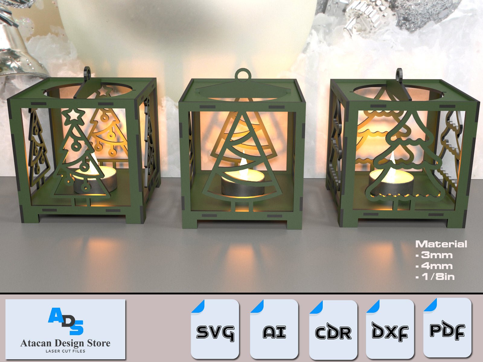 Green Christmas Tea Light Holder Decor / Christmas Ornament Tree Snowman Sled / Candle Holder / Floor Lantern Light DXF SVG Ai CDR ADS354
