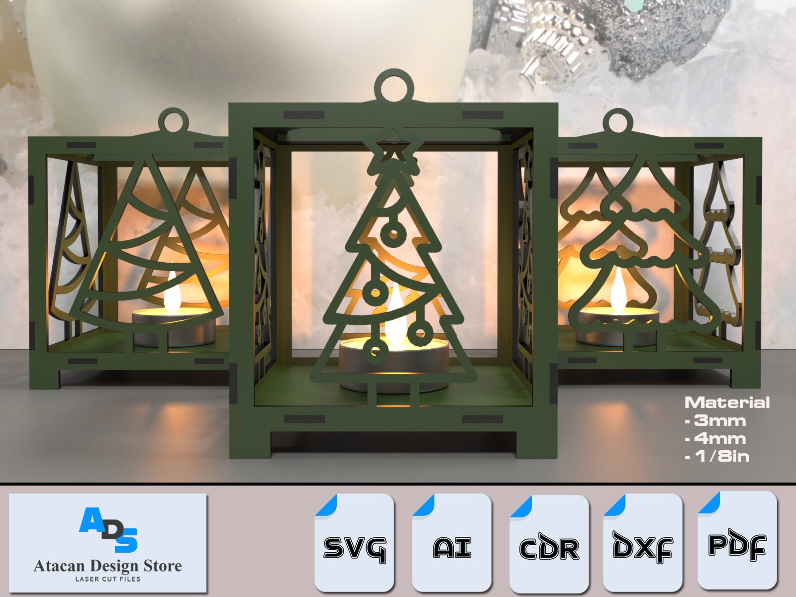 Green Christmas Tea Light Holder Decor / Christmas Ornament Tree Snowman Sled / Candle Holder / Floor Lantern Light DXF SVG Ai CDR ADS354