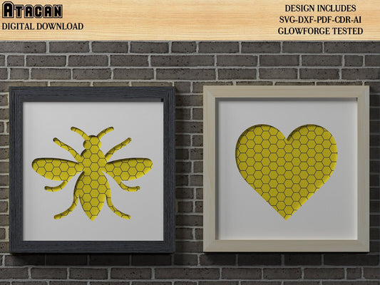 Heart with Honeycomb & Bee Laser cut SVG Files, include frame Glowforge cut plan 230