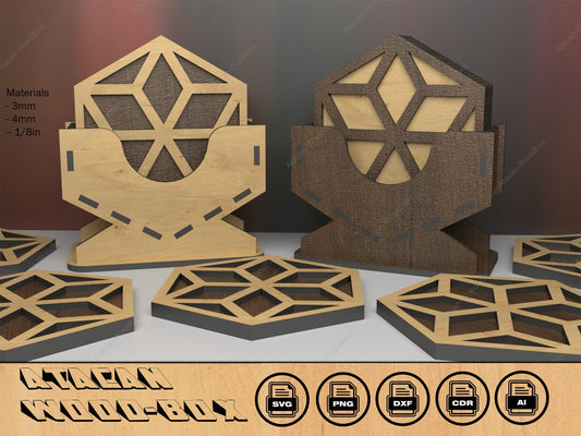 Hexagon Coaster and Display Stand / Coasters Holder Box / Glowforge Laser cut svg files 398