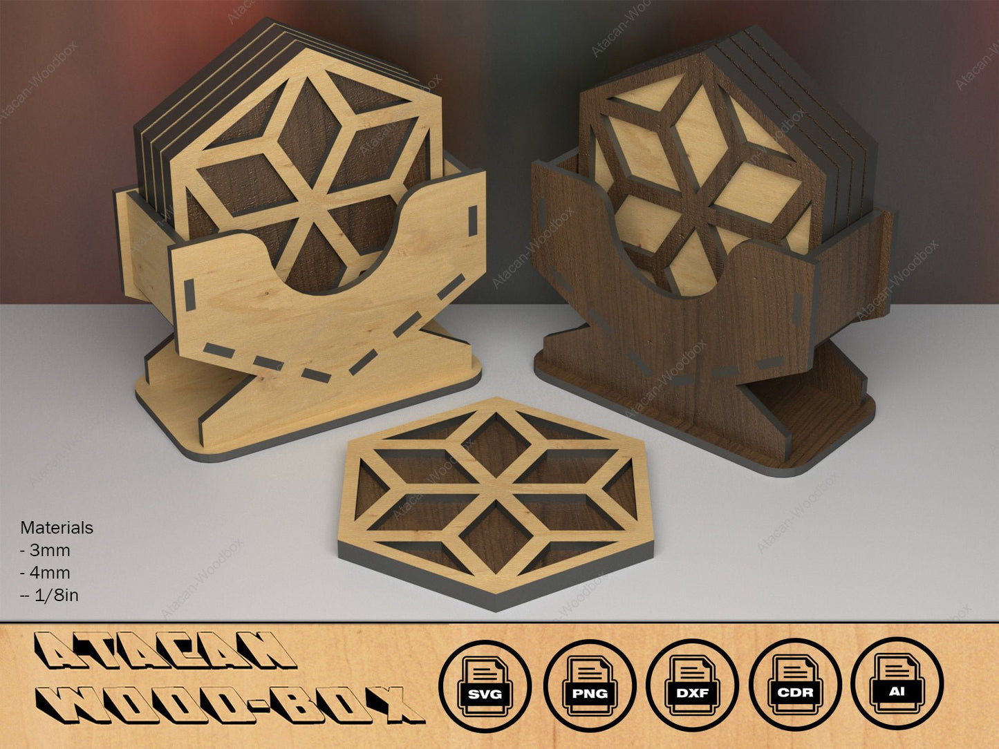 Hexagon Coaster and Display Stand / Coasters Holder Box / Glowforge Laser cut svg files 398