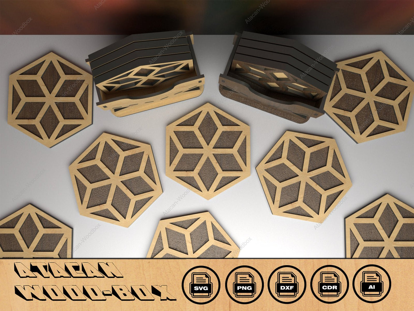 Hexagon Coaster and Display Stand / Coasters Holder Box / Glowforge Laser cut svg files 398