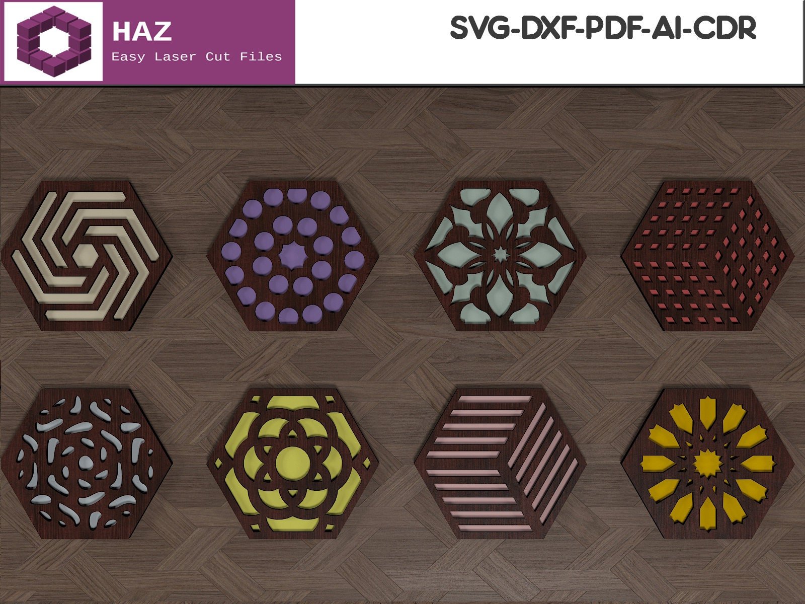 Hexagon Coaster Set / Wood Patterns Laser Cut / Geometric Tea Coasters SVG DXF CDR Ai 055