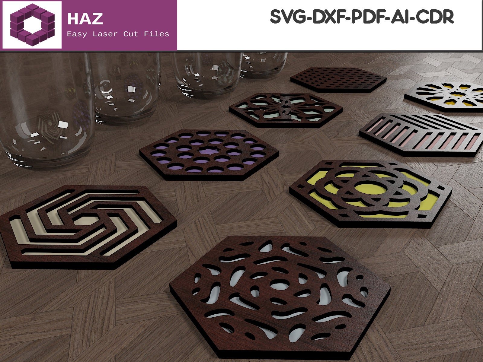 Hexagon Coaster Set / Wood Patterns Laser Cut / Geometric Tea Coasters SVG DXF CDR Ai 055