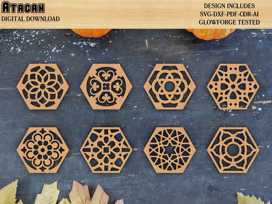 Hexagon Mandala Wood Metal Coasters, Wall Decor vector files, Laser cut Glowforge SVG File 338