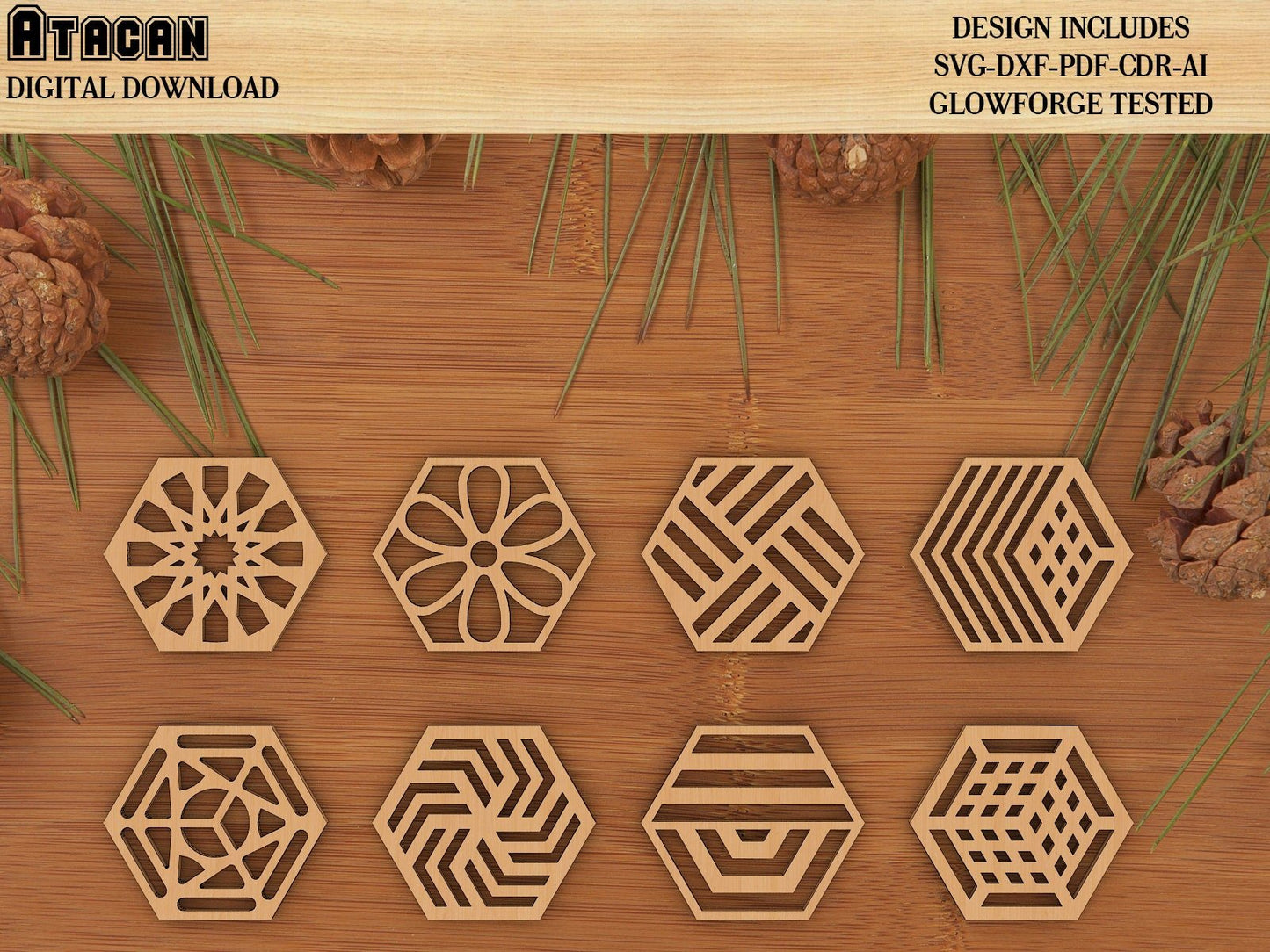 Hexagon Wooden Coaster Set / Grill Trivet Templates / Vector Digital Instant Download