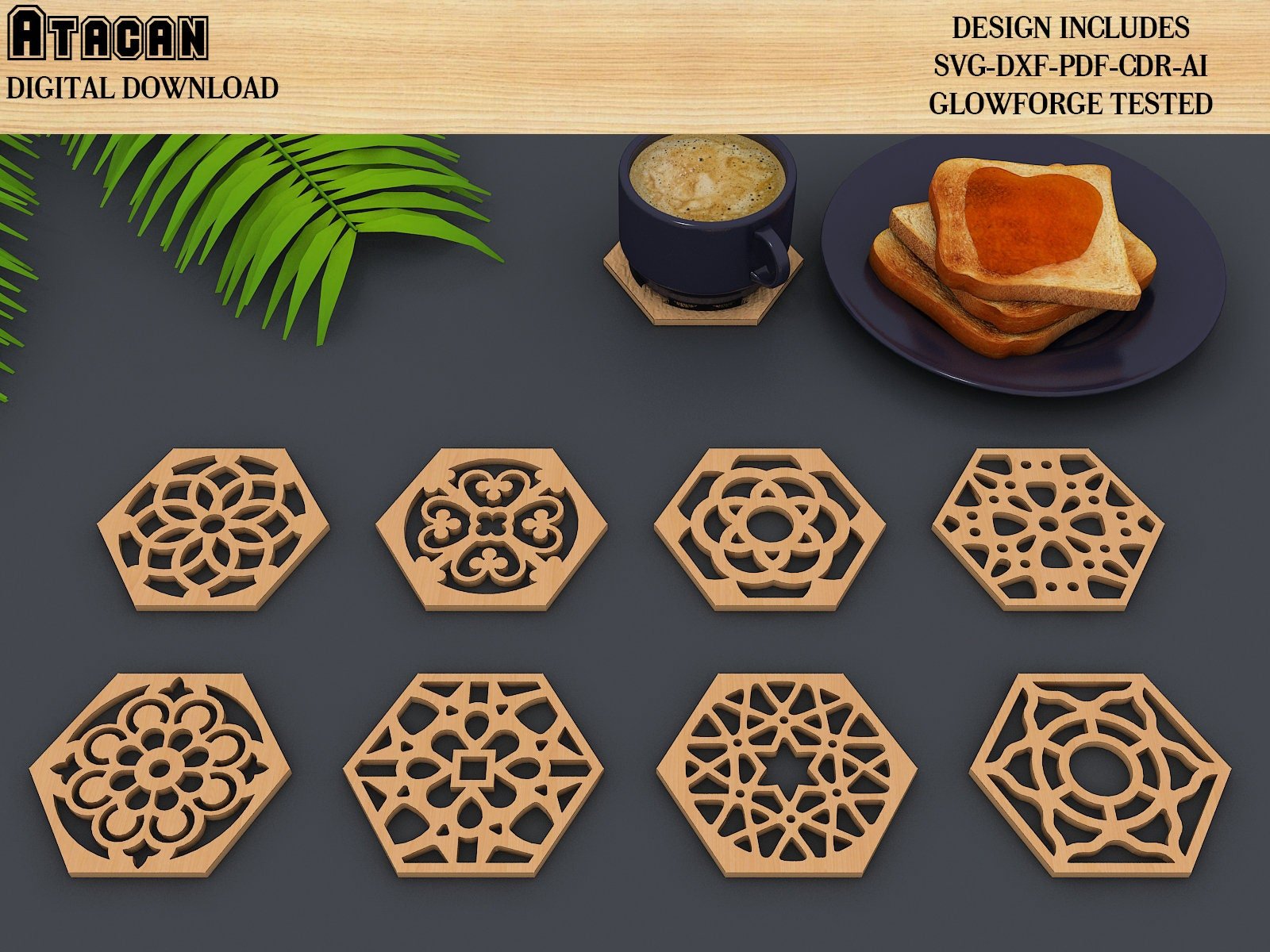 Hexagonal Mandala Wood Metal Coasters, Wall Decor vector files, CNC Laser cut Glowforge SVG File 339