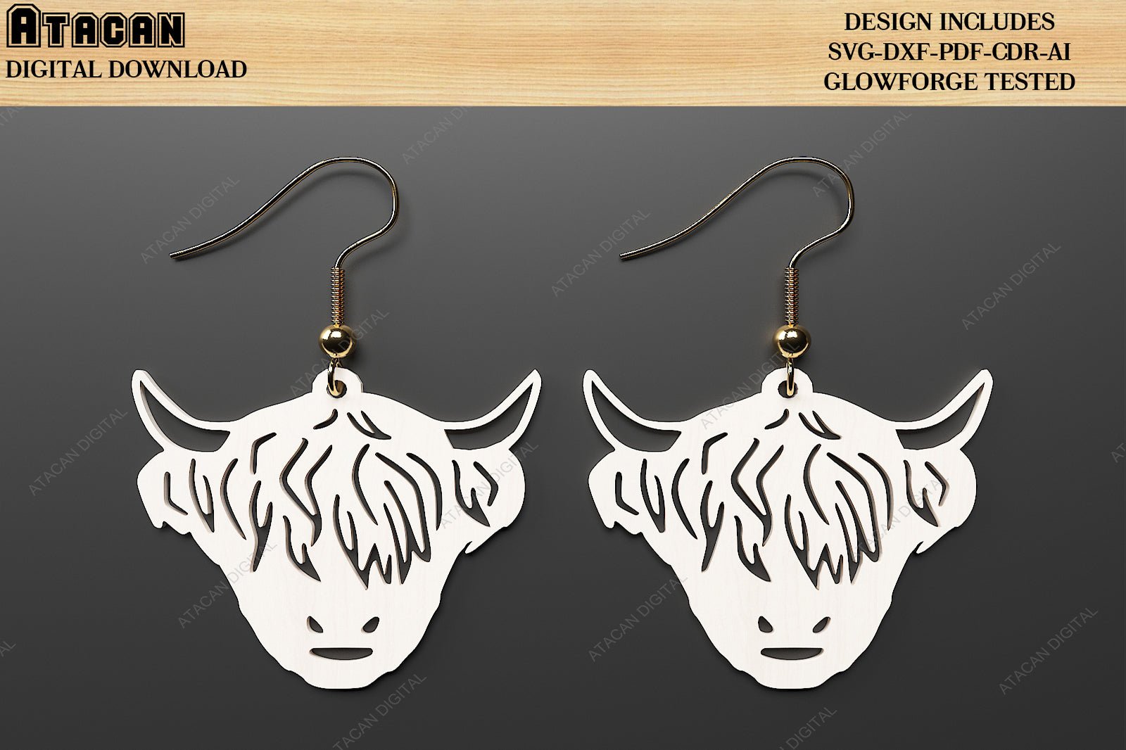 Highland Cow Earrings / Cute Highland Cow Earring Design Template / Jewelry Laser cut Files SVG DXF CDR Ai 507