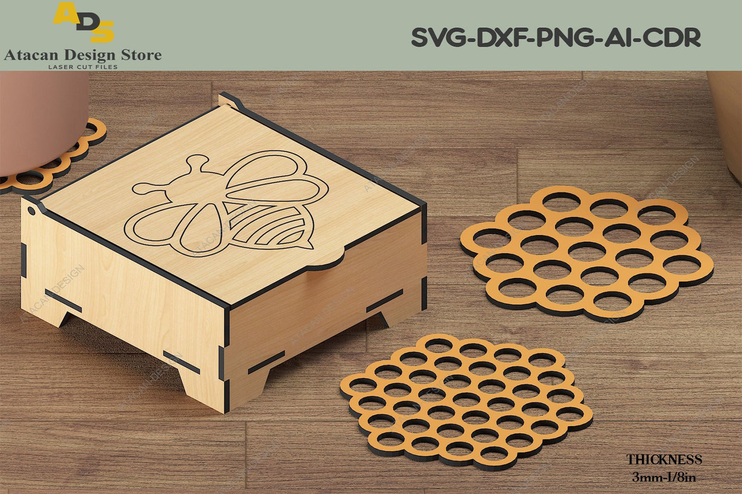 Honey Bee Coasters and Box / Honeycomb Hexagon Coaster / Geometric Laser Pattern SVG DXF CDR Ai 305