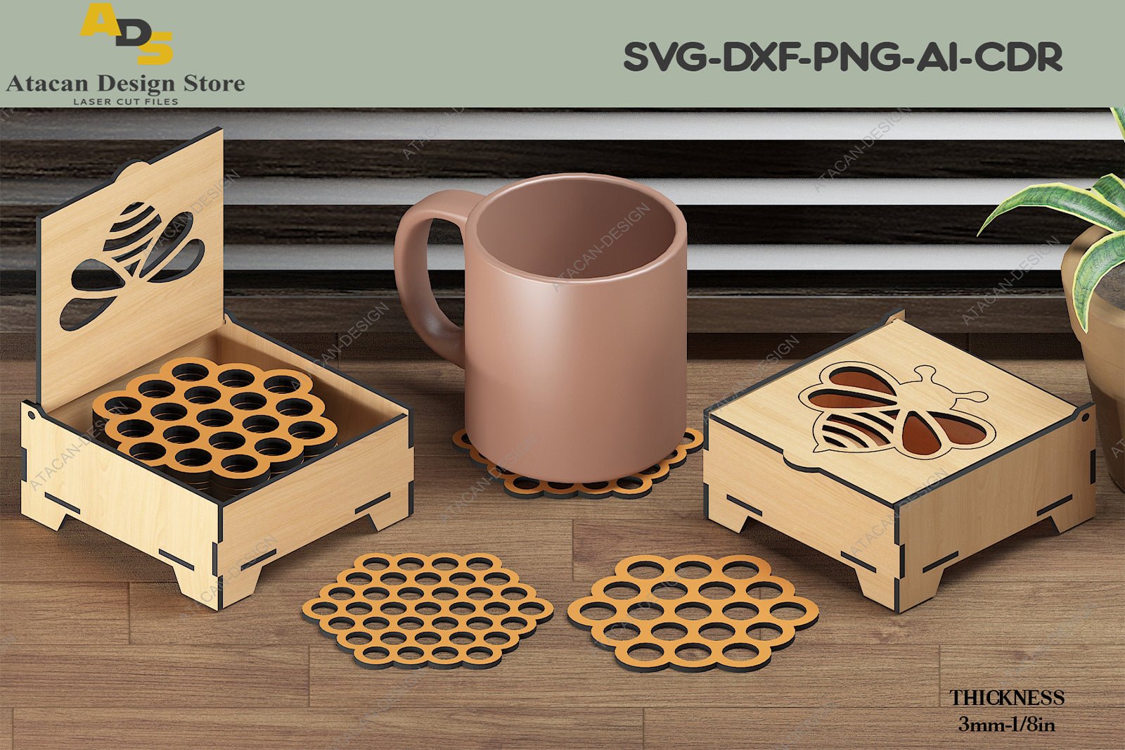 Honey Bee Coasters and Box / Honeycomb Hexagon Coaster / Geometric Laser Pattern SVG DXF CDR Ai 305