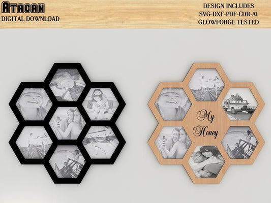 Honey comb Multi Picture Frame Collage svg file, Honey Family Friends Collage Home Wall Picture Album, Frame laser cut template 305