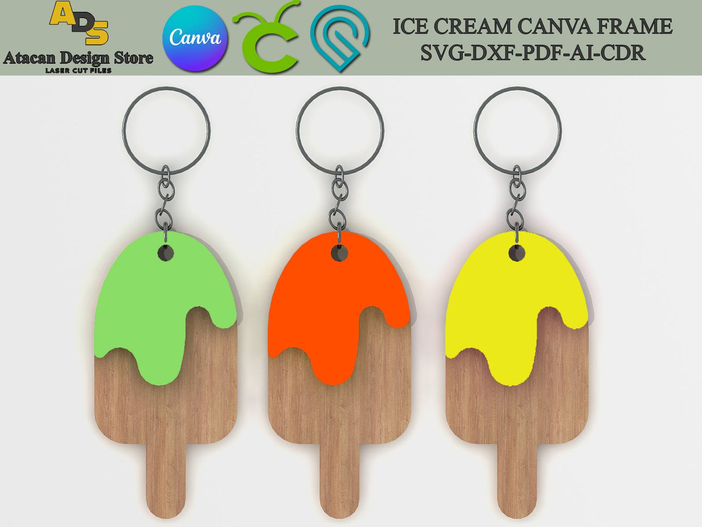 Ice Cream Outline / Ice pop Canva Frames Editable designs / Sweet Food Keychains SVG DXF Ai CDR 328