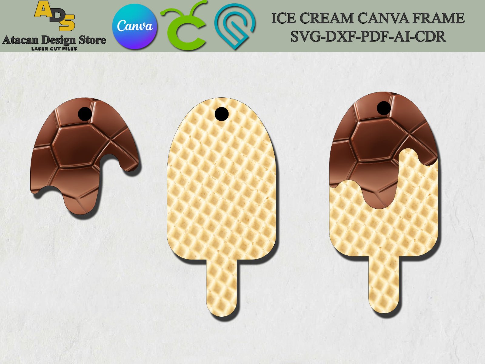 Ice Cream Outline / Ice pop Canva Frames Editable designs / Sweet Food Keychains SVG DXF Ai CDR 328