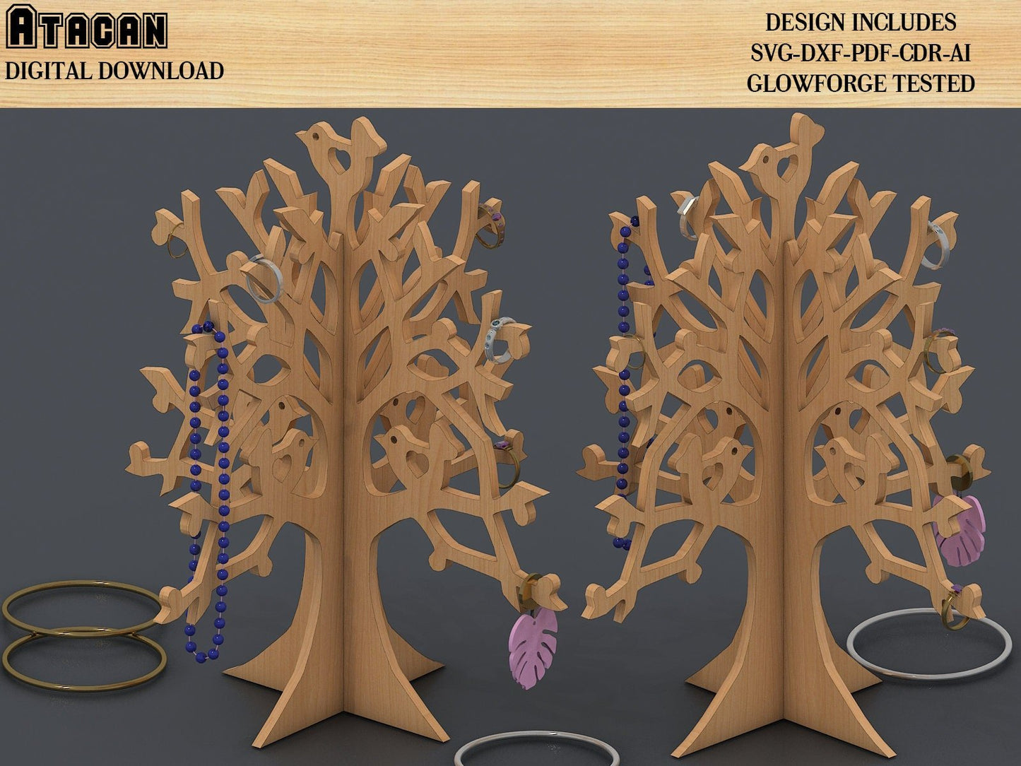 Jewellery Stand Laser Files, Ring Display Holder , Jewellery Organiser Digital cut files, Glowforge Earring Stand cutting Template 329