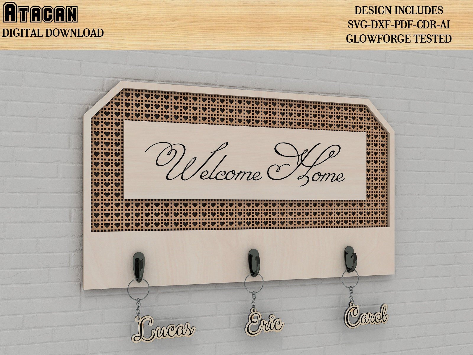 Key Holder for Wall / Key hangers with rattan cane pattern / Svg laser cut files / Digital download file 439