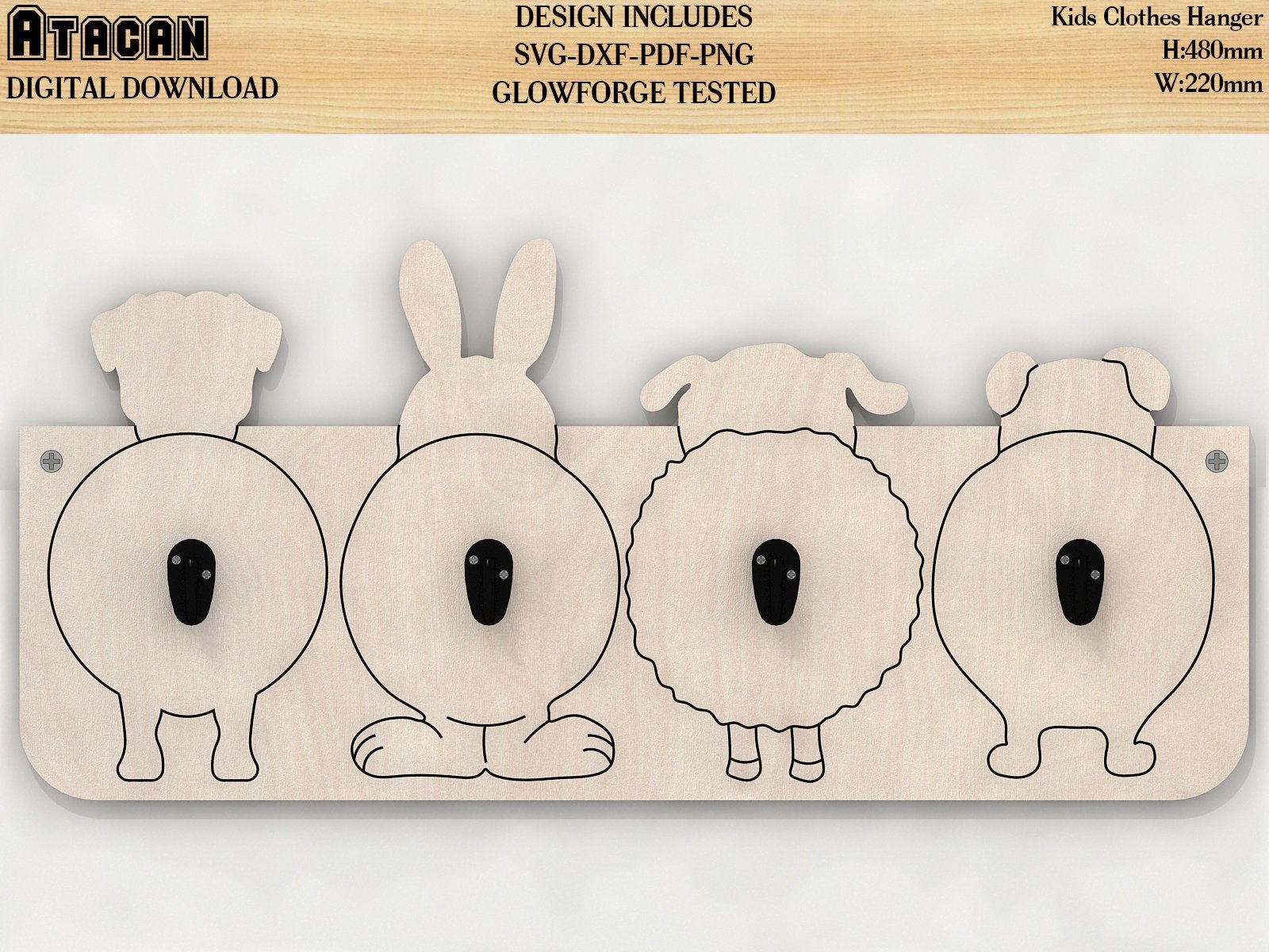 kids clothes hanger laser svg files / hang kids room decoration / kids coat rack clothes hanger animals wood 082
