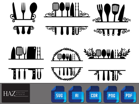 Kitchen Baking Monogram / Kitchen Split Frame Svg / Cooking Utensils Monograms / Kitchen Cut File PNG SVG DXF Pdf Ai 161
