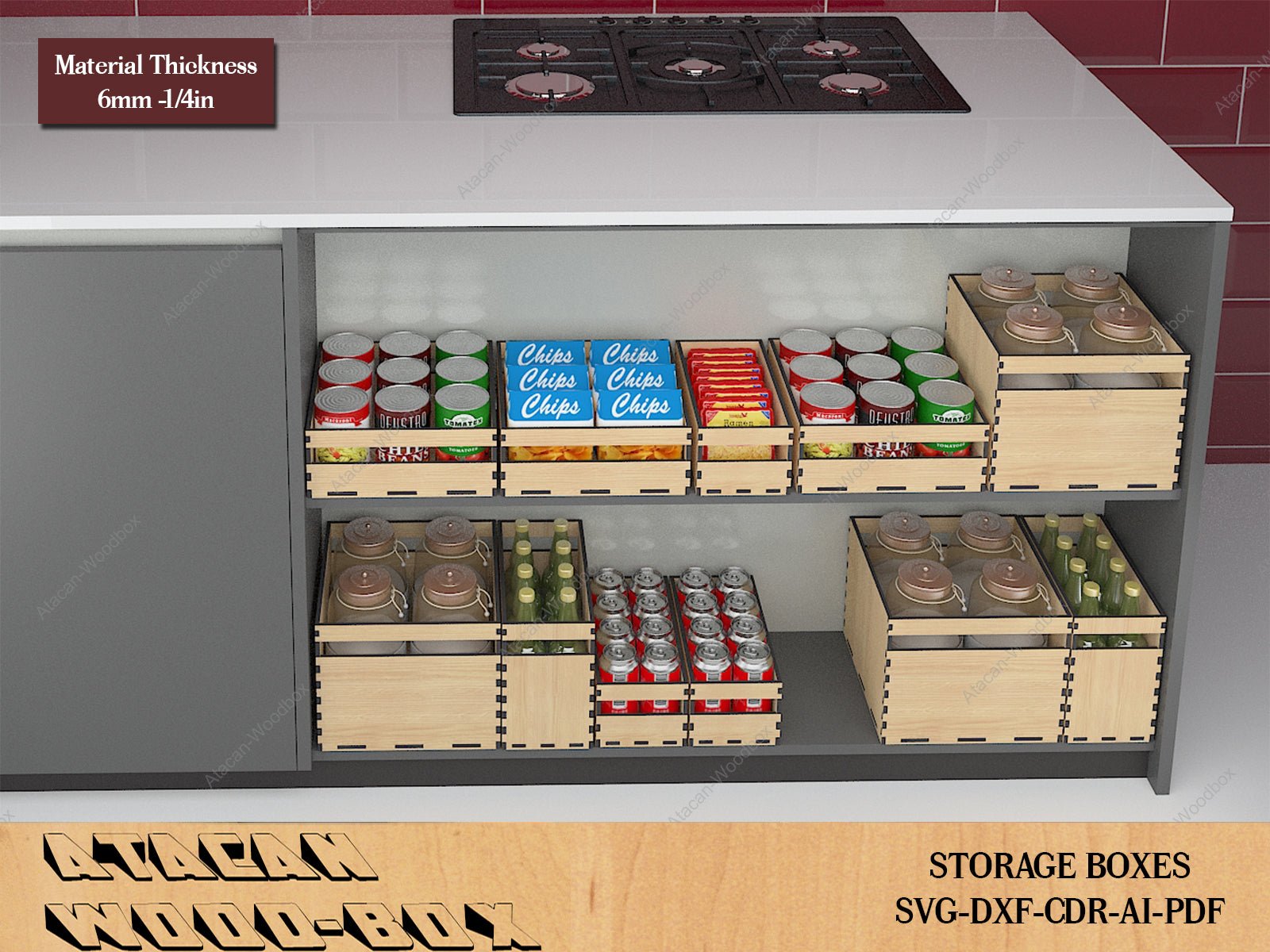 Kitchen Storage Boxes / Cupboard Organise Stackable Boxes / Wood Laser Cut Box / Glowforge Box Vector Files SVG DXF Ai CDR 389