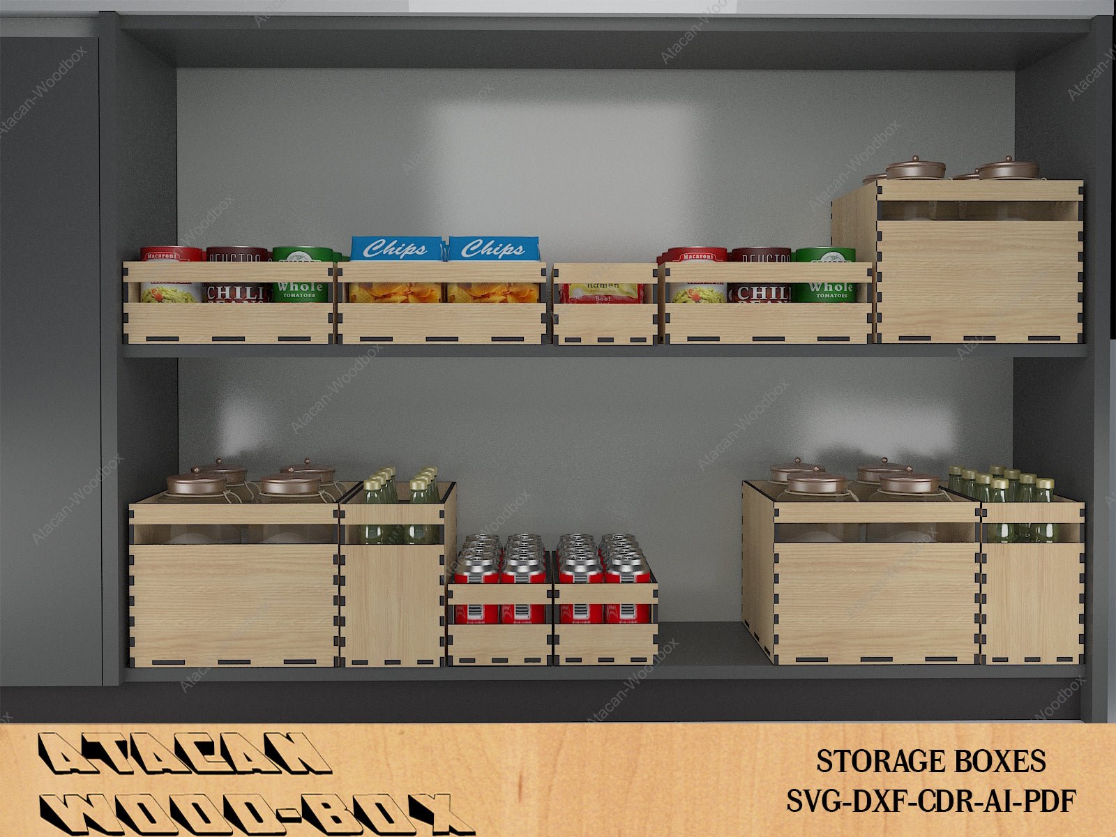 Kitchen Storage Boxes / Cupboard Organise Stackable Boxes / Wood Laser Cut Box / Glowforge Box Vector Files SVG DXF Ai CDR 389